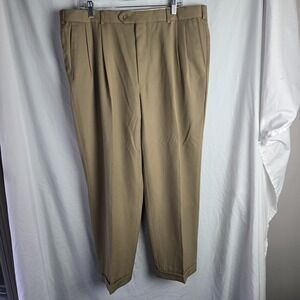 Pronto Uomo Worsted Wool Tan Pants 38 / 28 Pleated Cuffed Lined Career Hipster